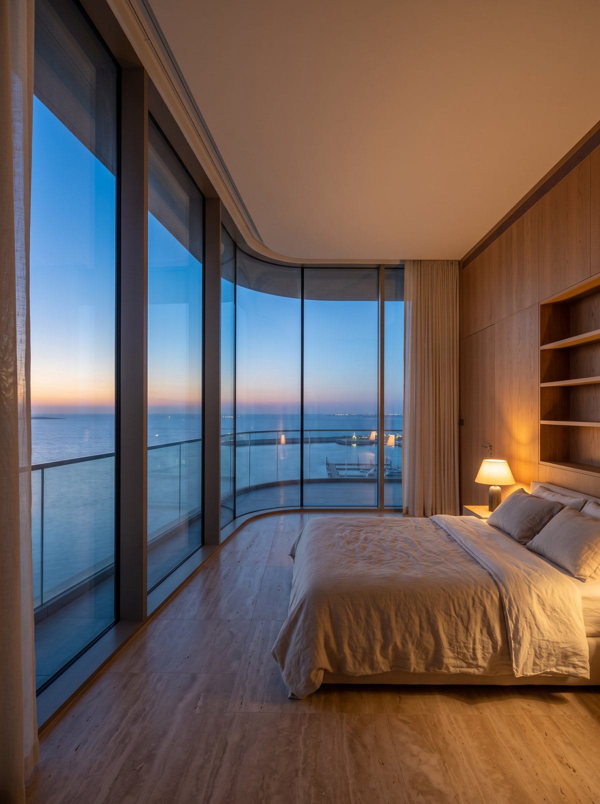 A corner bedroom with glass on two sides and the water below
