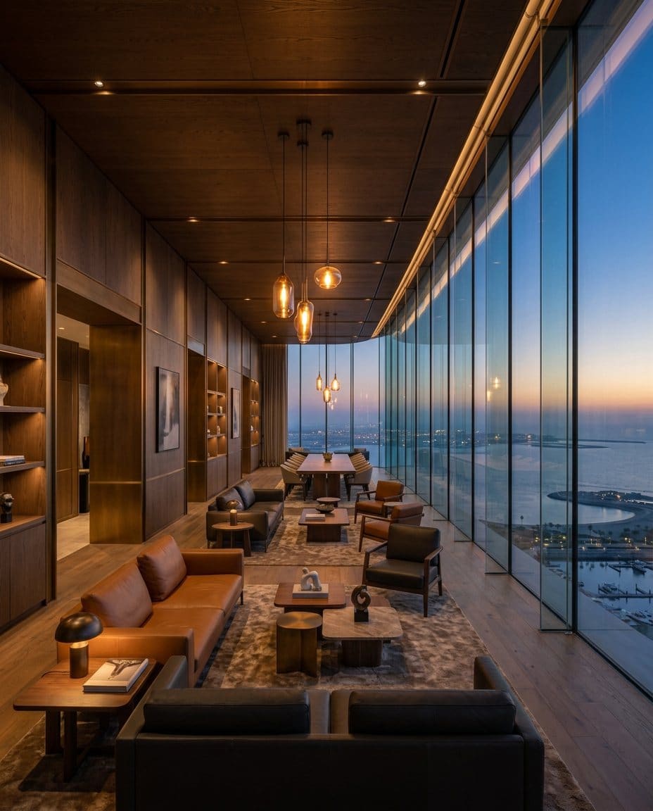 The sky lounge at dusk, the coastline curving away below