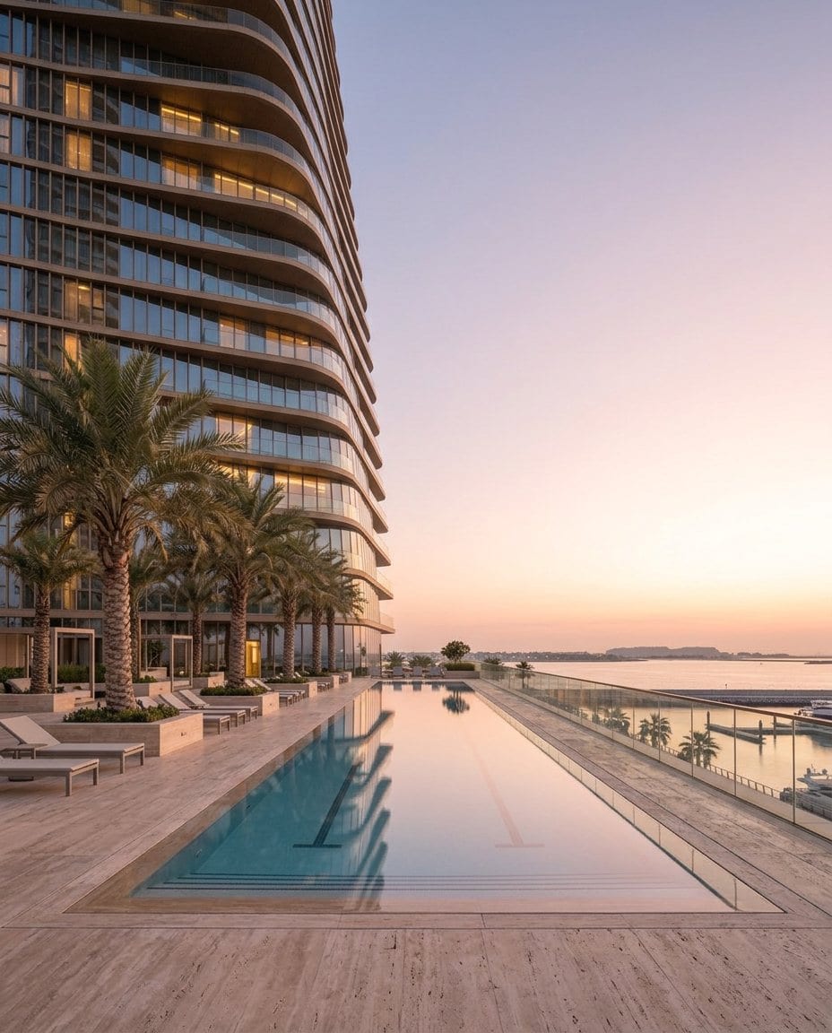 The twenty-five metre lap pool on the podium at sunrise