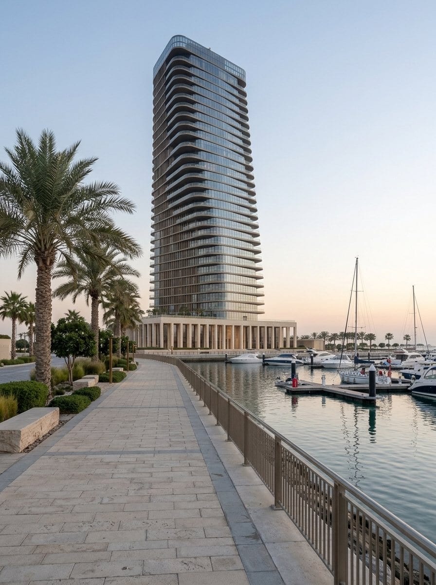The marina promenade in the morning, boats at their berths
