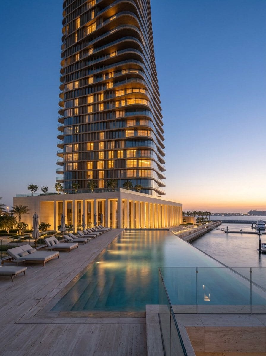 The pool at the edge of the sea at the end of the day
